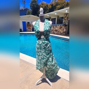 Anthropologie green cotton blend floral buttoned halter neck dress size XL